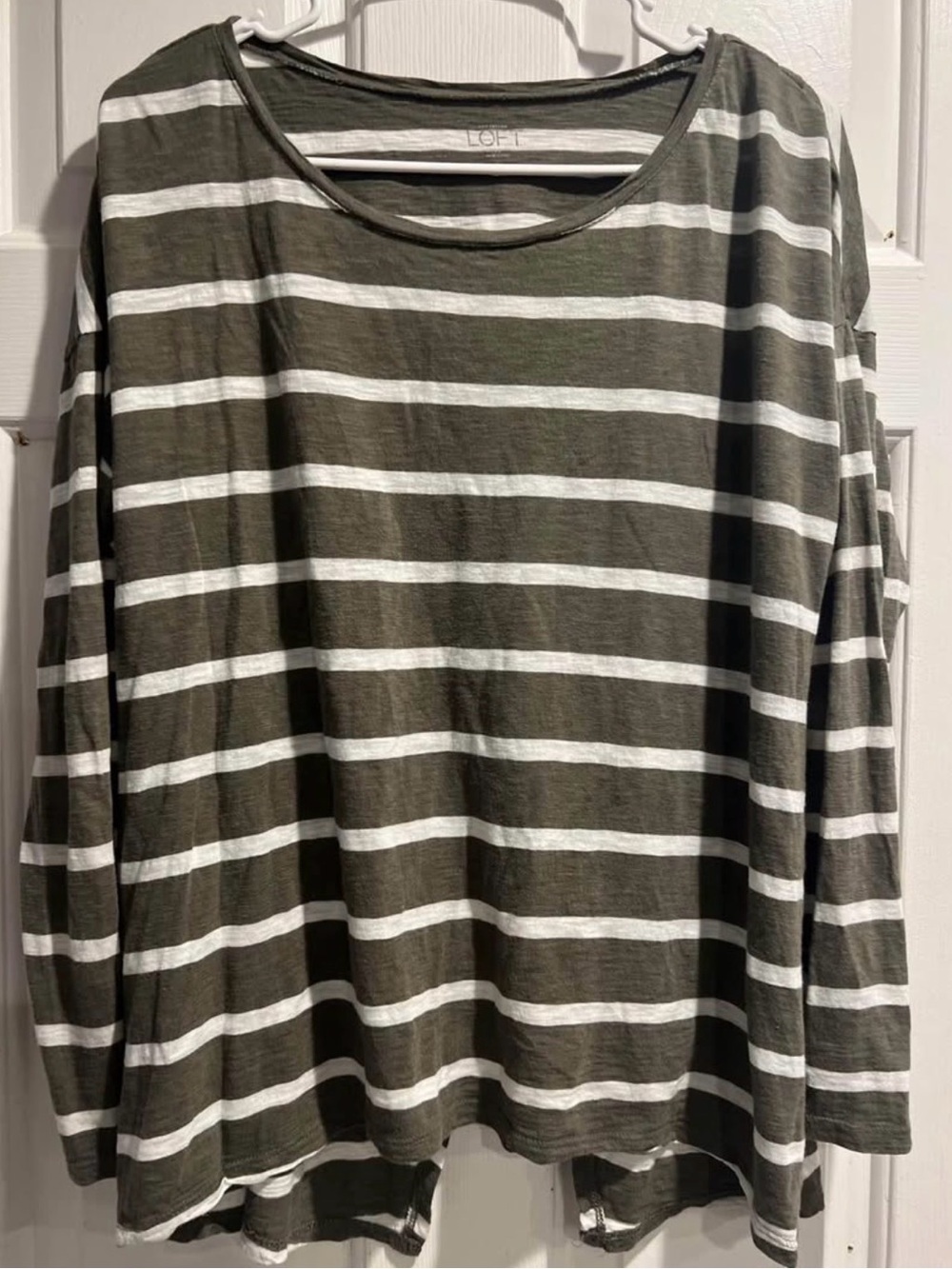 LOFT white and olive green horizontal striped long sleeve shirt size medium